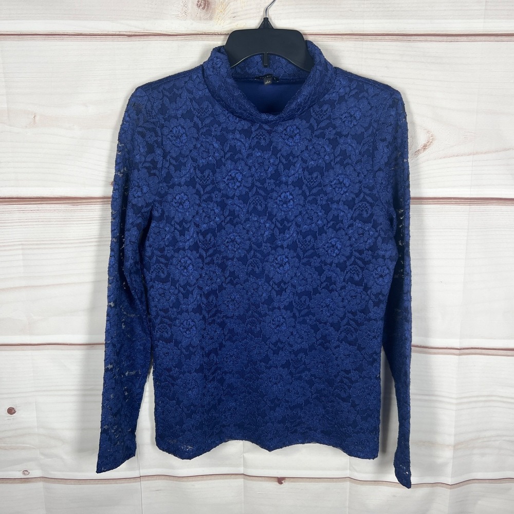Talbots Top Womens Small Blue Floral Lace Turtleneck Blouse Long Sleeve Stretch